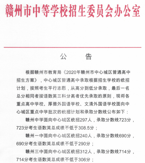 2020赣州中考最低录取控制分数线