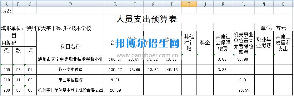 泸州市天宇中等职业技术学校2020年部门预算情况说明